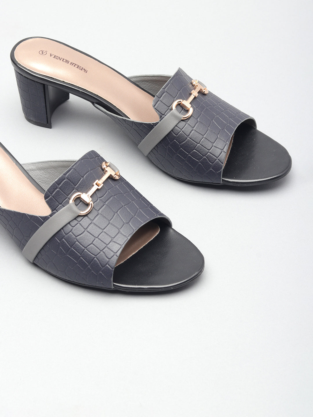 Textured Block Heel Slippers